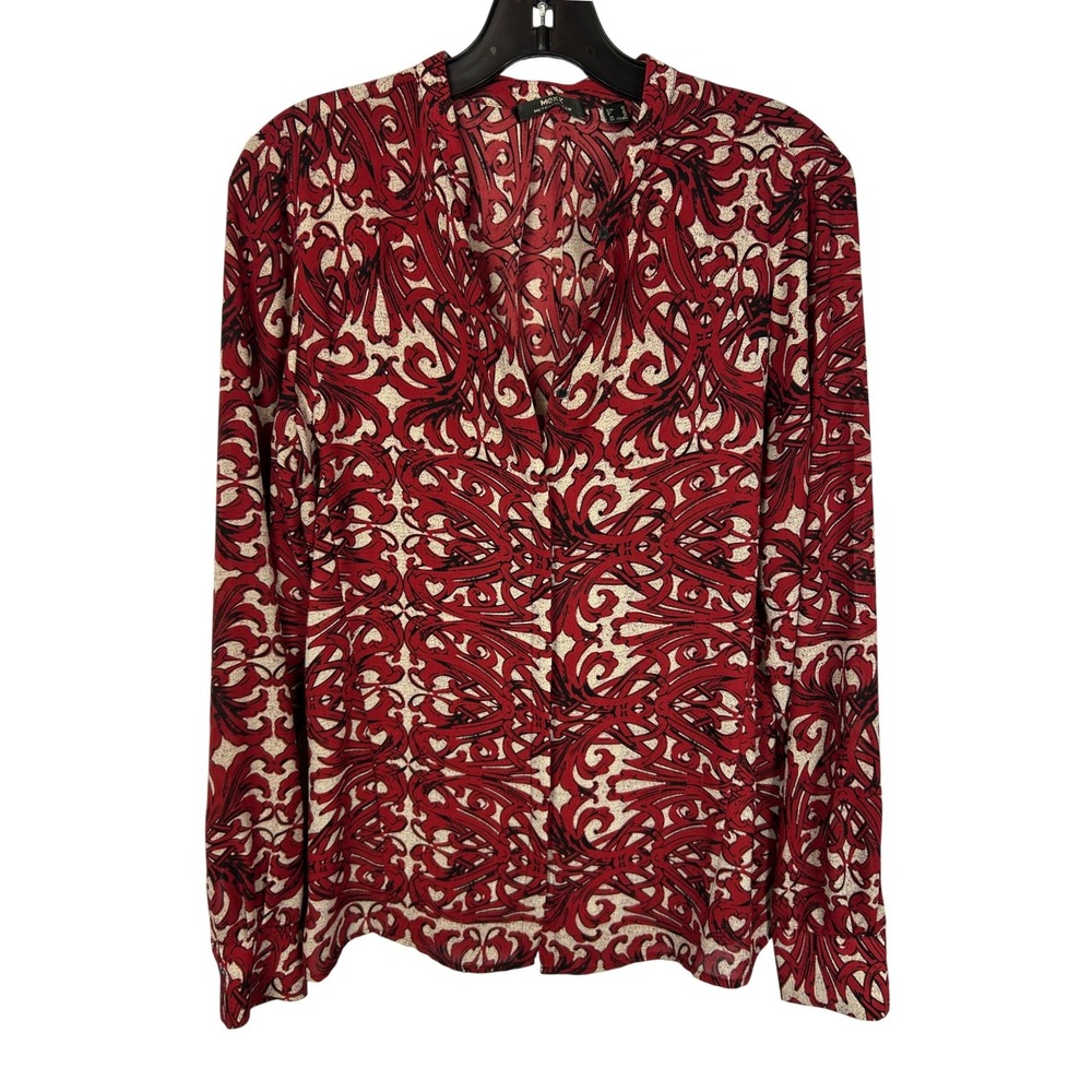 Mexx Work Blouse Red Cream Abstract Print Button Up Business Casual M/8